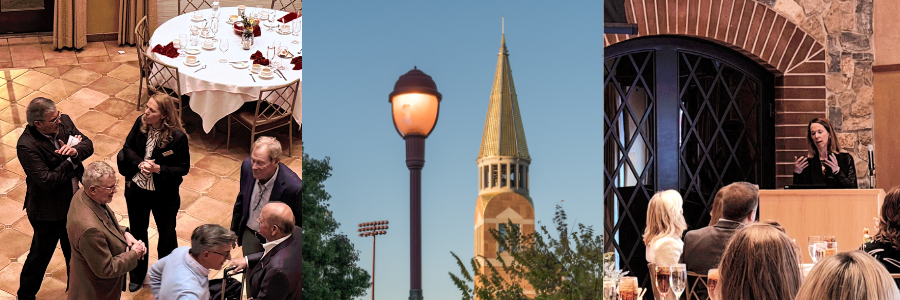 A collage of three images. Left: A small group of people in business attire standing and conversing near round dining tables set for an event. Center: A tall streetlamp and the gold-topped spire of a university-style building rise against a clear blue sky. Right: A woman speaks at a podium in front of an audience.
