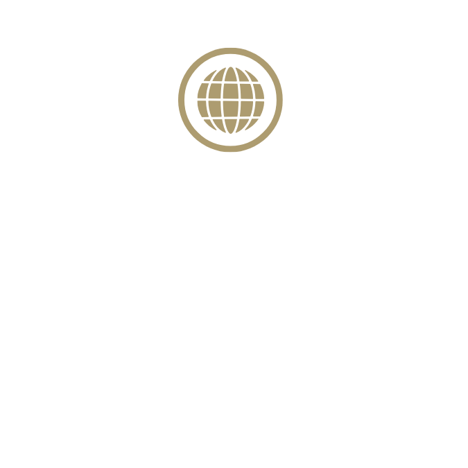 Gold globe icon in a gold circle.