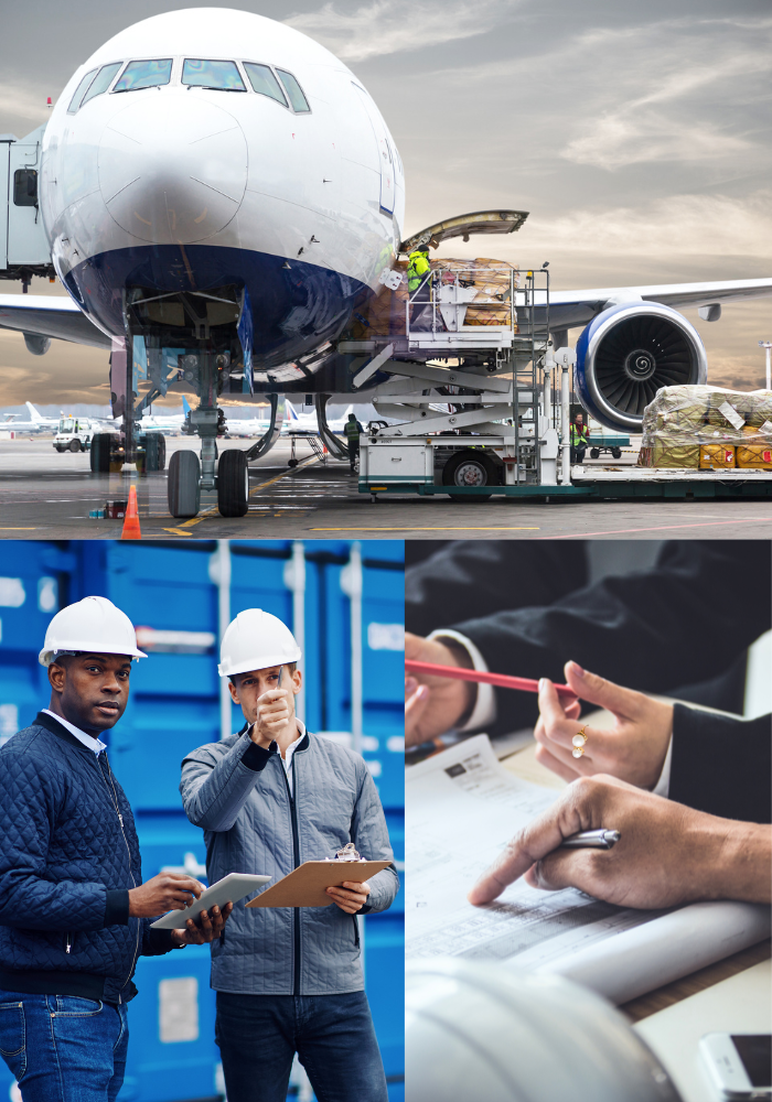 A trio of images. The top shows a cargo plane being loaded from pallets. The second shows two men in hard hats discussing a plan near a stack of shipping containers. The third shows executives’ hands pointing to logistics plans.