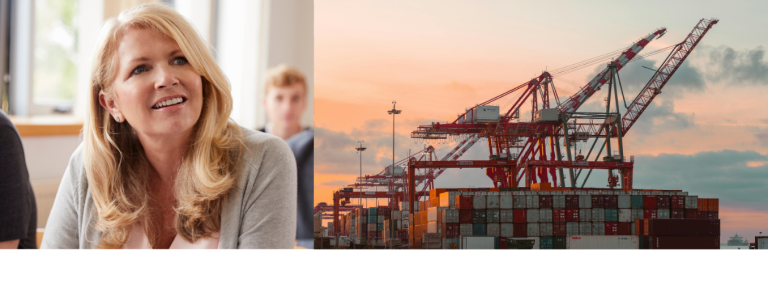 A smiling woman in a classroom on the left; port cranes at a shipping terminal on the right.