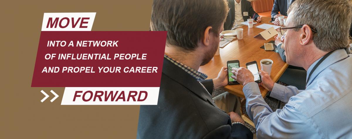 text in image with  alumni says move into a network of  influential people and propel your career forward