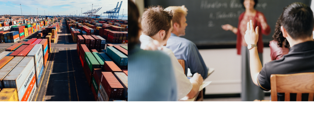 Containers stacked in a container yard on the left; graduate students in a classroom on the right, one raising a hand to ask a question.