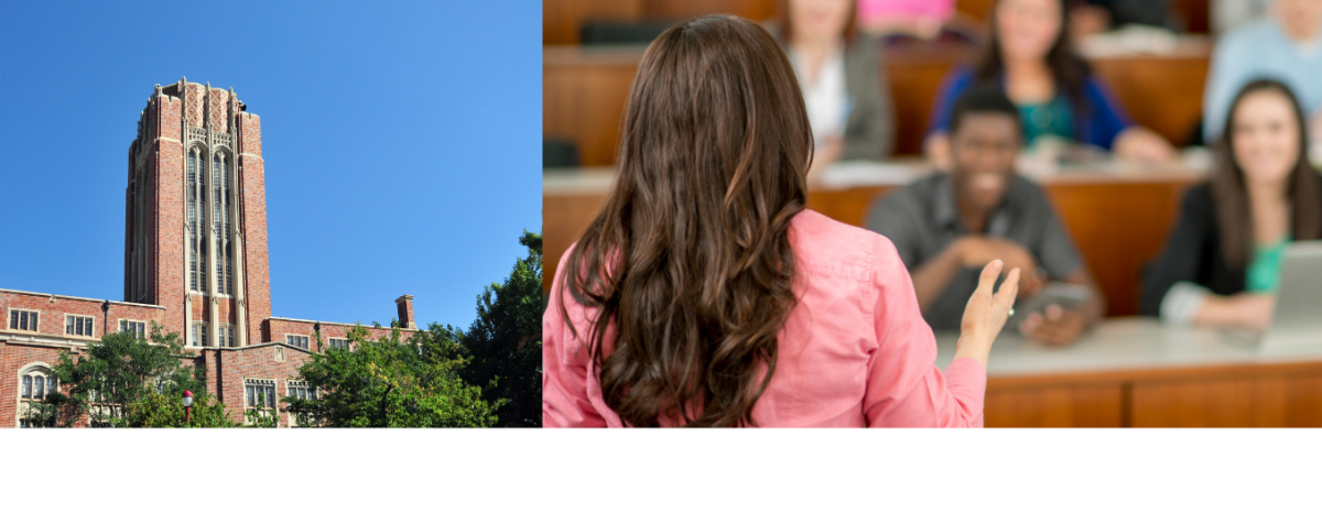 A University of Denver building on a sunny day on the left; an instructor giving a lecture to a full classroom on the right.