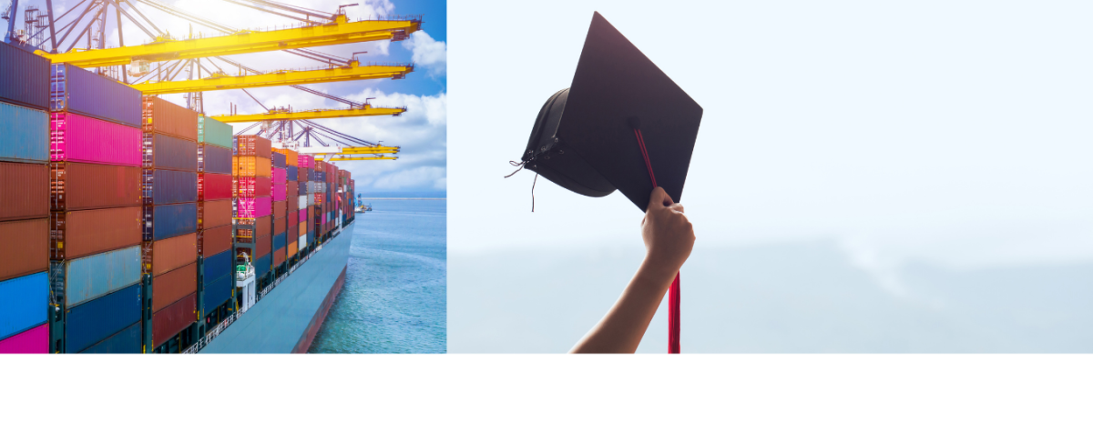 Container ship and cranes on the left; hand holding a graduation cap aloft on the right.