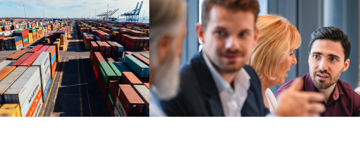 A shipping yard with containers on the left; three transportation and supply chain executives meeting on the right.