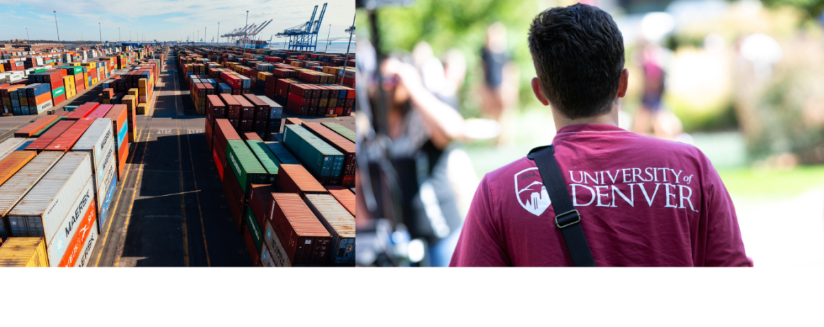 On the left of the screen, rows of colorful shipping containers are stacked high in a busy port yard, stretching toward large cranes near the waterfront. On the right, a student wearing a University of Denver sweatshirt walks across campus, viewed from behind.