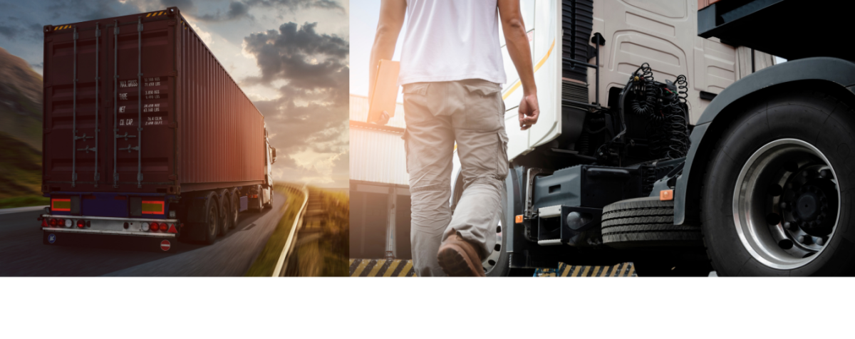 Truck hauling cargo on the left; driver carrying a clipboard and walking toward a parked truck on the right.