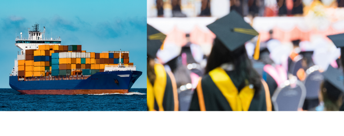 Container ship at sea on the left; graduates in caps and gowns lining up to receive their degrees on the right.