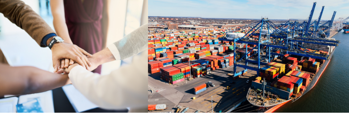 On the left side of the screen, young executives clasp hands in a “go team” gesture; on the right, a container ship rests in port beneath a bright, clear sky.