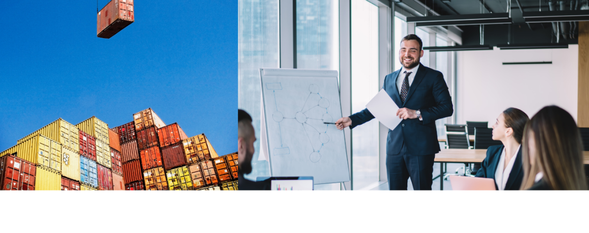 On the left of the screen, brightly colored shipping containers are stacked high as another is lifted overhead. On the right, a young supply chain executive gestures to a whiteboard while speaking to colleagues in a conference room.