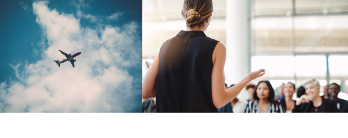 Cargo plane flying in a clear blue sky on the left; a woman leading a seminar on the right.