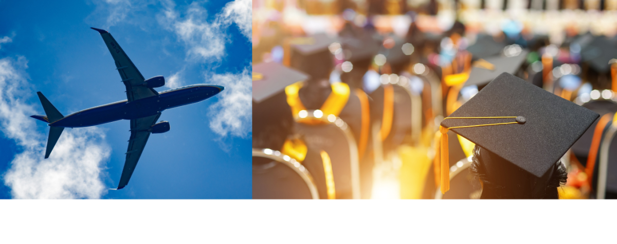 Cargo plane flying in a blue sky on the left; graduation ceremony on the right with rows of people seated and a graduate in cap and gown visible in the foreground