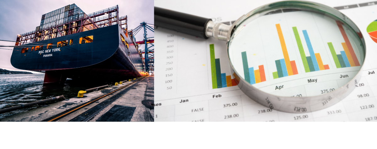 ChatGPT said:  Back of a container ship in port on the left; close-up of a magnifying glass over a bar chart on the right.