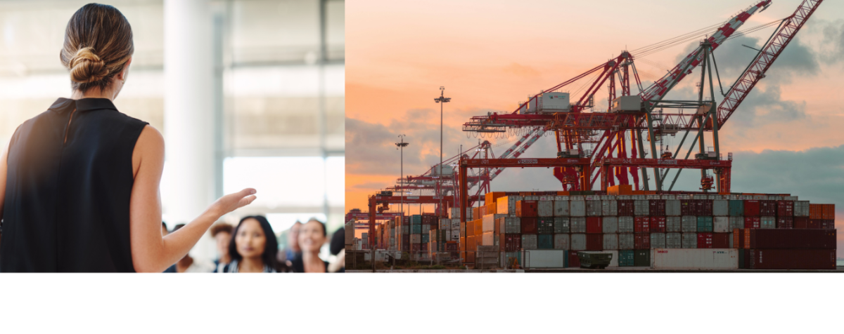 Woman teaching a seminar in a brightly lit room on the left; port cranes and a ship at sunset on the right.