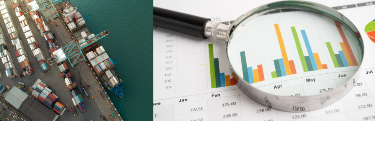 Aerial view of cranes unloading a container ship on the left; close-up of a magnifying glass over a chart on the right.