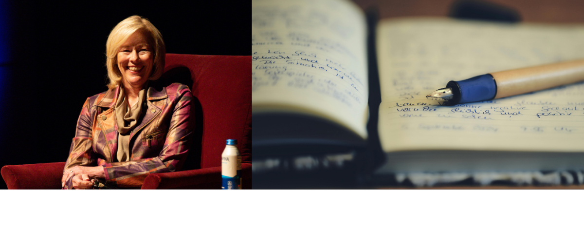 A smiling woman sitting in an armchair on the left side of the screen; a close up of a pen and open journal page on the right side.