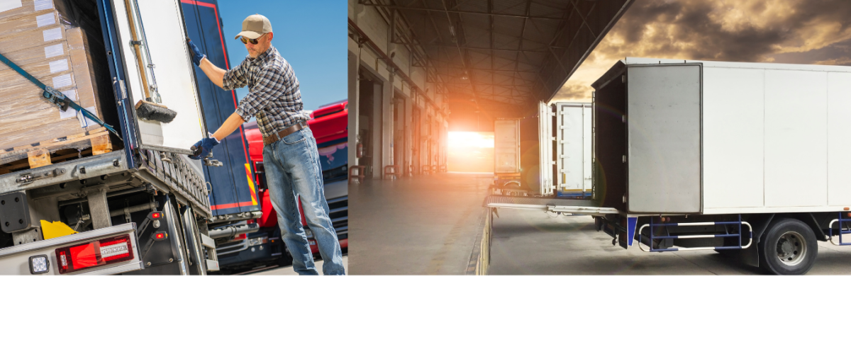 Man loading the back of a truck on the left; two trucks backed into a loading dock on the right.