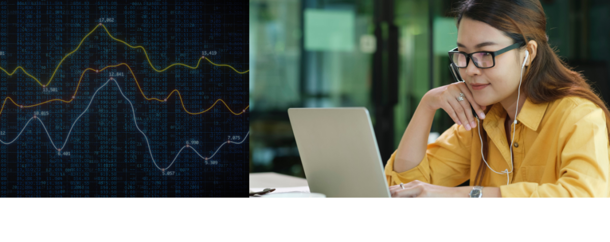 A chart showing data plots on the left side of the screen, while a young woman looks intently at a computer screen on the right.