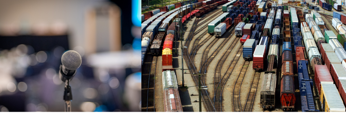 Close-up of a microphone on the left; aerial view of a railyard on the right.